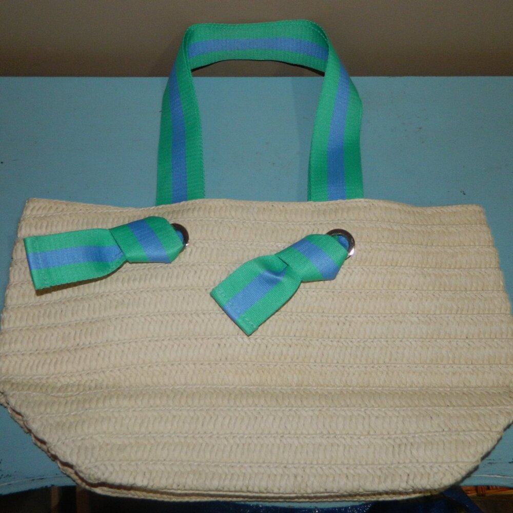 Mark & Graham Ribbon Straw Beach Tote Green/Blue NWOT